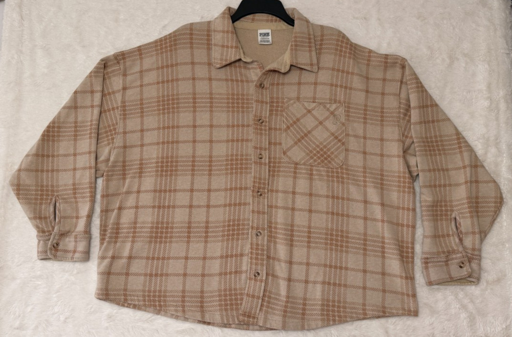 Victoria's Secret PINK Fleece Button Up Top Womens XL Tan Plaid Long Sleeve